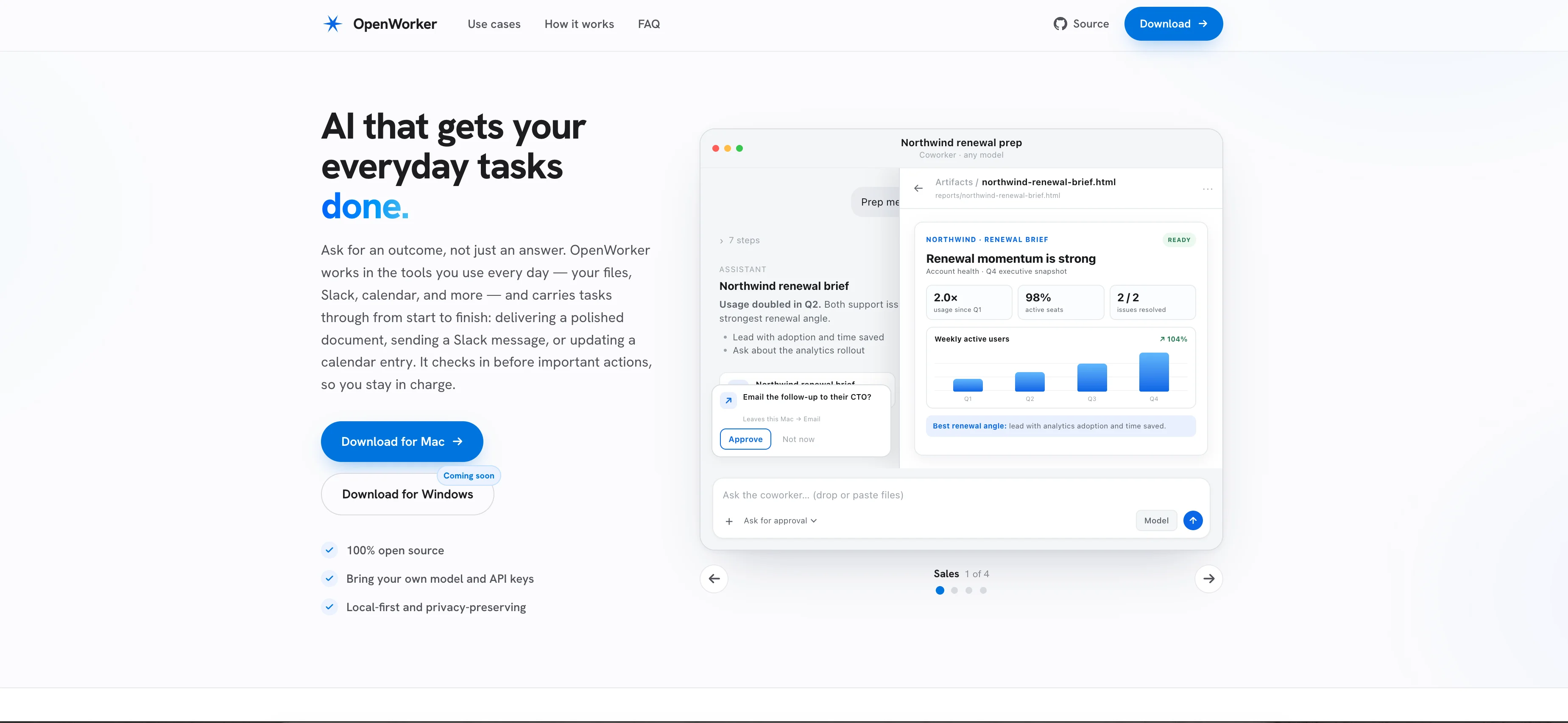 OpenWorker 官网及其自动化处理界面的截图